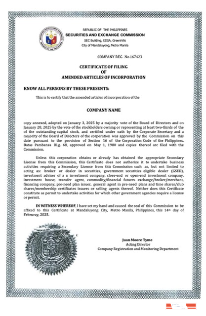 Philippines certificate of company incorporation Word and PDF template, version 2